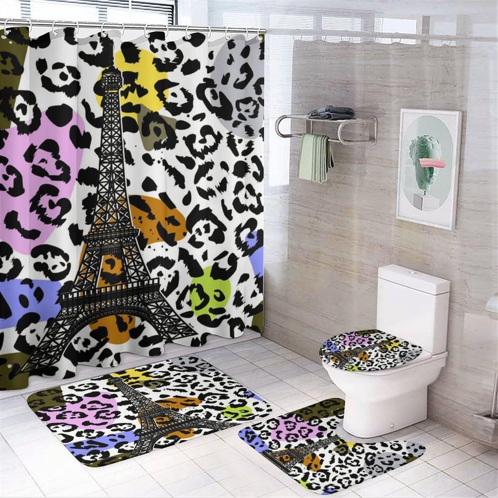 FBMLBRB Brebasf Abstract Paris Eiffel Tower Creative Bathroom Shower Curtain Set Vintage French Romantic Leopard Print Design Non Slip Waterproof Bath Mat Toilet Mat Rugs,72" W x 72" L