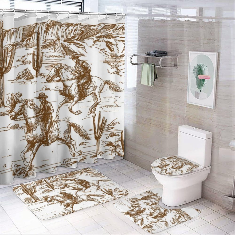 FBMLBRB Brebasf Retro Western Cowboy 4 Pcs Waterproof Shower Curtain Set Farmhouse American Wild West Cowboy Riding Horse with Waterproof Toilet Cover Shower Mat Rugs,72" W x 72" L