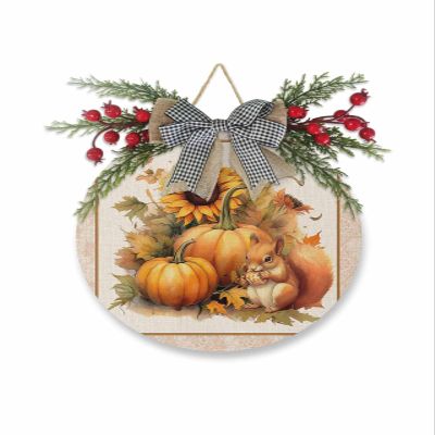 Thanksgiving Pumpkin Squirrel Welcome Sign for Front Door Porch Decor, Wreaths for Indoor Outdoor Wall Hanging, Farmhouse Sunflower Round Wooden Plaque Decoration for Home Front Door, 10 x 10 Inch