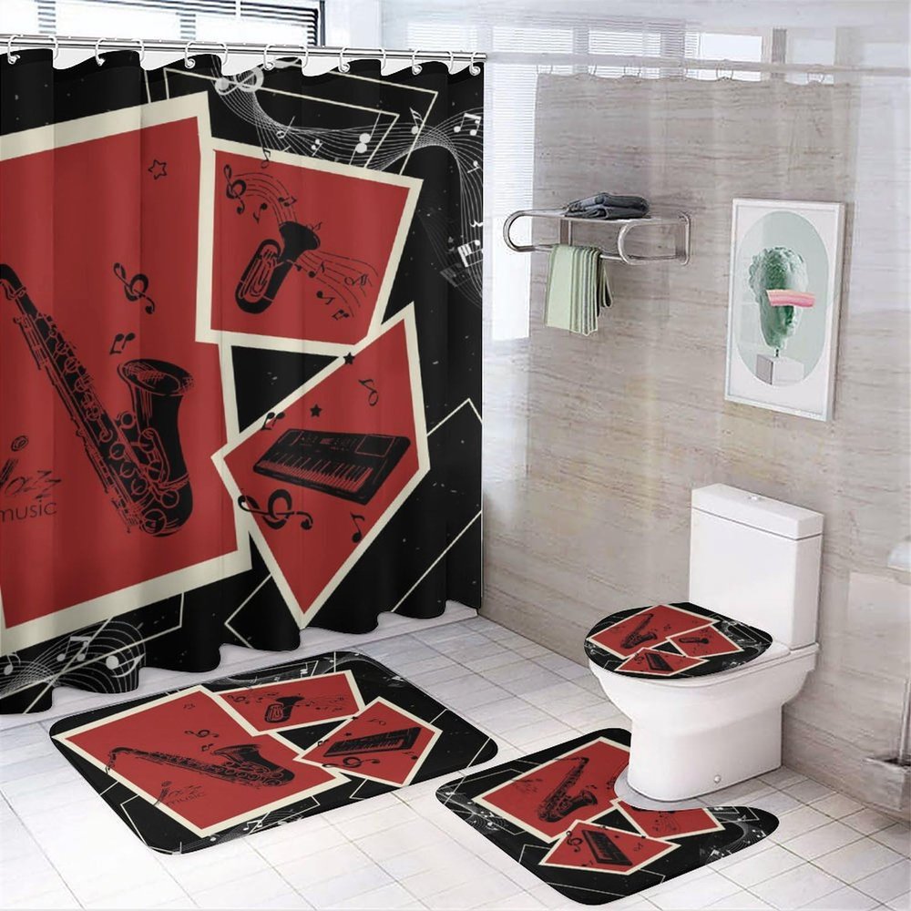 FBMLBRB Brebasf Jazz Music 4 Pcs Shower Curtain Bathroom Set Retro Music Sax Jazz Instrument Red Shower Mat Shower Curtain with Rug 12 Hooks,72" W x 72" L