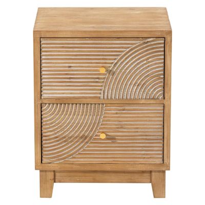 2-Drawer Farmhouse Nightstand, Mid Century Nightstand Fully Assembled with Handcrafted Wood Ring Pattern for Boho, Mid-Century, Rustic Style, Natural Wood