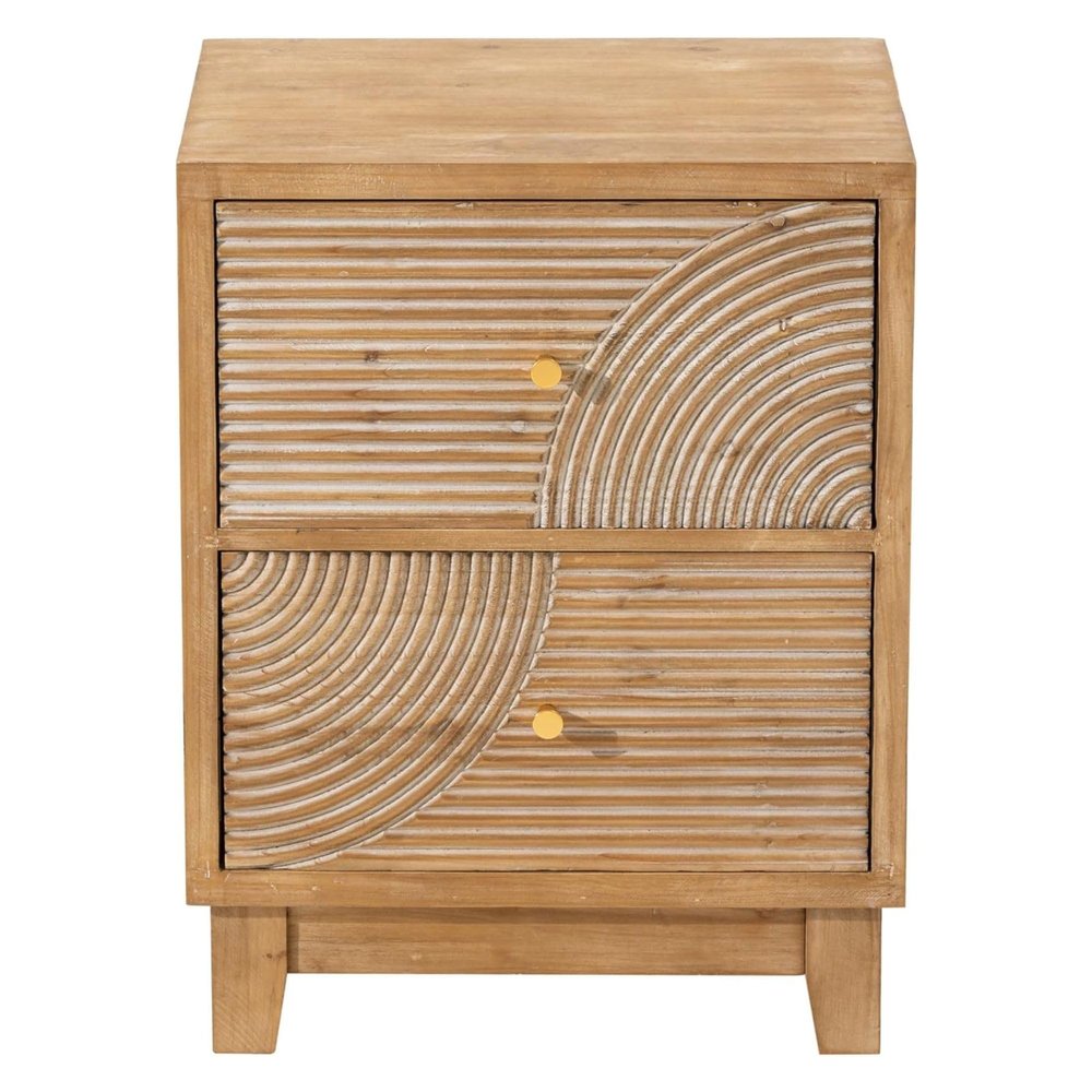2-Drawer Farmhouse Nightstand, Mid Century Nightstand Fully Assembled with Handcrafted Wood Ring Pattern for Boho, Mid-Century, Rustic Style, Natural Wood