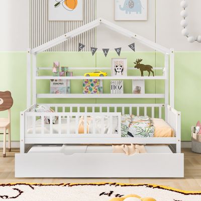 RUNNA Playhouse Design Wooden Twin Size House Bed with Trundle,with Storage Space Shelf,for Girls,Boys,Kids,Teens, (White-1-1)
