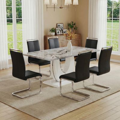Btikita Dining Table Set for 6, Kitchen Table Chairs Set of 6, Modern Dining Room Set with 63 inch Marble Dinner Table PU Leather Upholstered Chairs for Dining Room Kitchen