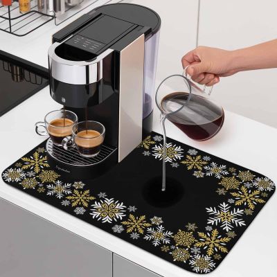 Christmas Winter Dish Drying Mat for Kitchen Counter, Absorbent Quick Dry Dish Dry Placemats, Countertop Dishes Drainer Mats Drying Pad Non Slip, Xmas Snowflakes Gold Black Holiday 1 Pack, 18"x16"