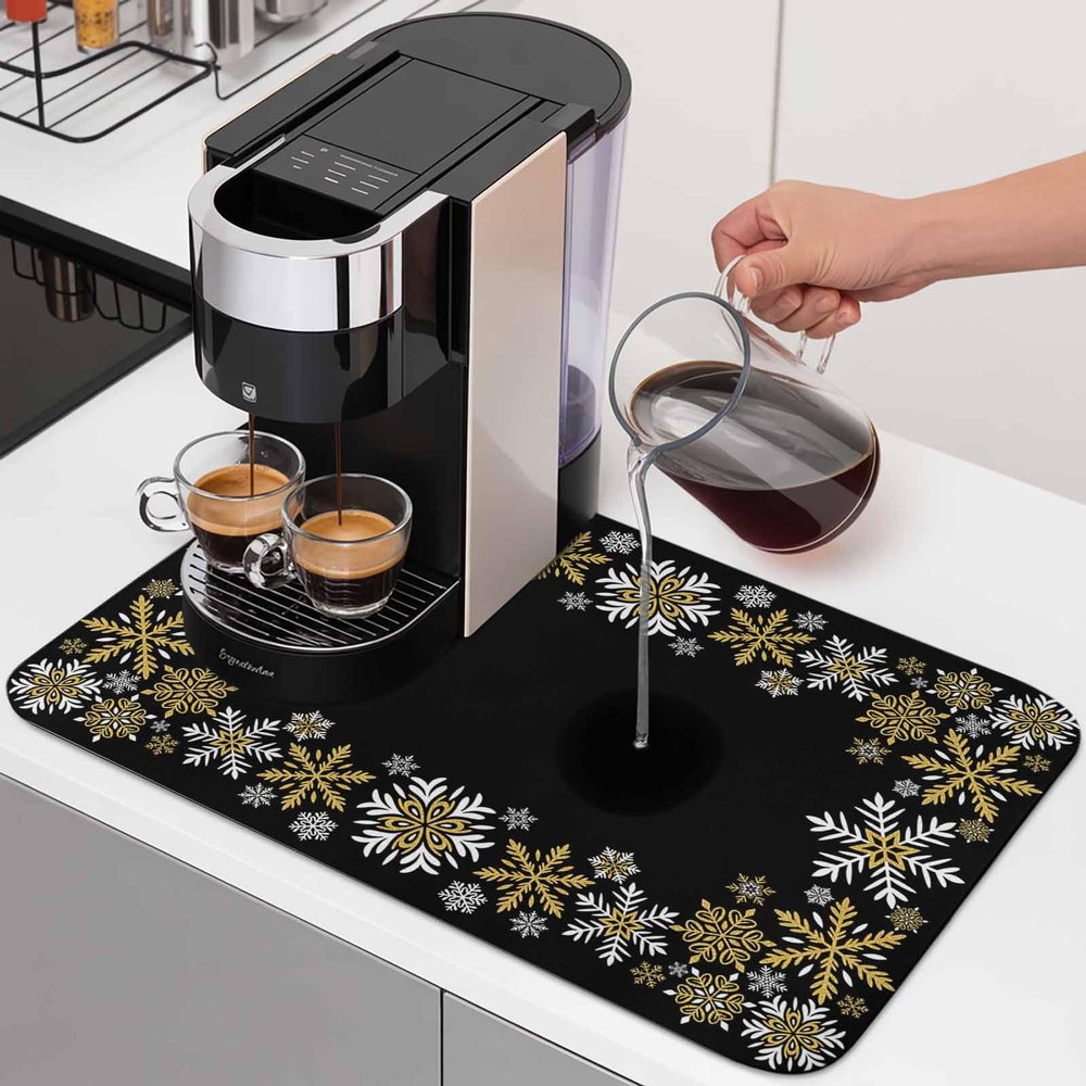 Christmas Winter Dish Drying Mat for Kitchen Counter, Absorbent Quick Dry Dish Dry Placemats, Countertop Dishes Drainer Mats Drying Pad Non Slip, Xmas Snowflakes Gold Black Holiday 1 Pack, 18"x16"