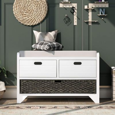 Bellemave Storage Bench with Removable Basket and 2 Drawers, Fully Assembled Shoe Bench with Removable Cushion for Living Room Entryway(White)