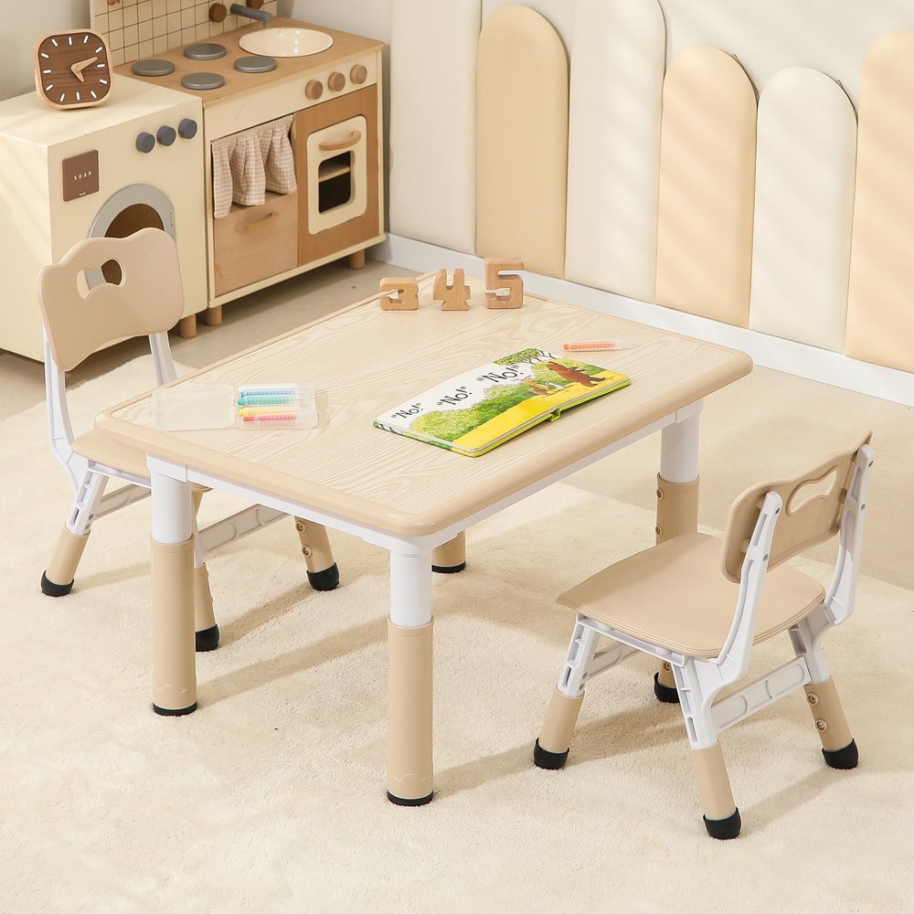 Hulaibit Toddler Table and 2 Chairs, Height-Adjustable Kids Table and Chairs Set, 31.5''L x 23.6''W Children Activity Table for Boys and Girls Aged 3-8