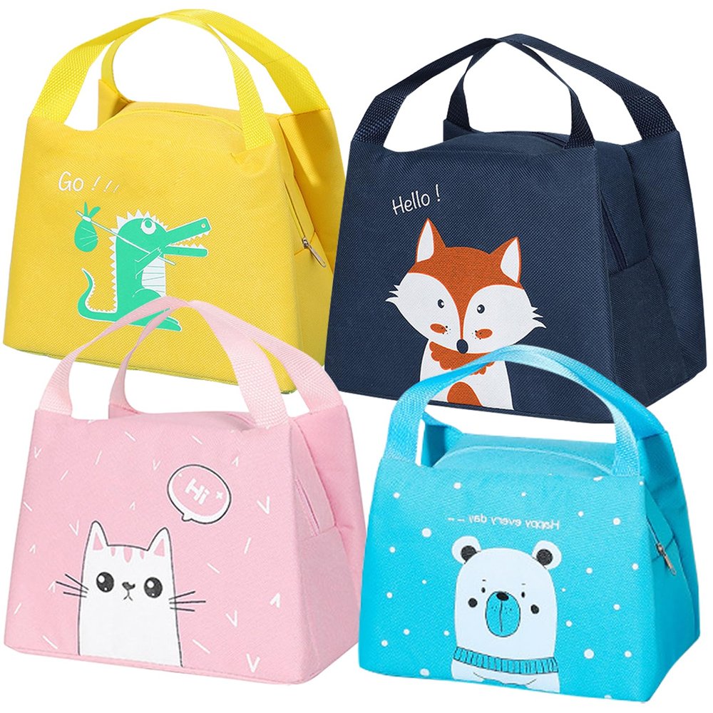 4PCS Insulated Lunch Bags 4PCS Bento Bags Cute Lunch Tote Bag Small Cooler Bags Waterproof Cartoon Lunch Box Bag for Work Picnic (Animal Series 1)