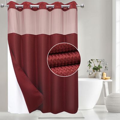 VIUOON No Hook Shower Curtain Set with Snap in Fabric Liner,250GSM Waffle Weave Wine Red Hotel Grade Bath Shower Curtain - See Through Top Window, Waterproof & Washable, 71W x 74H