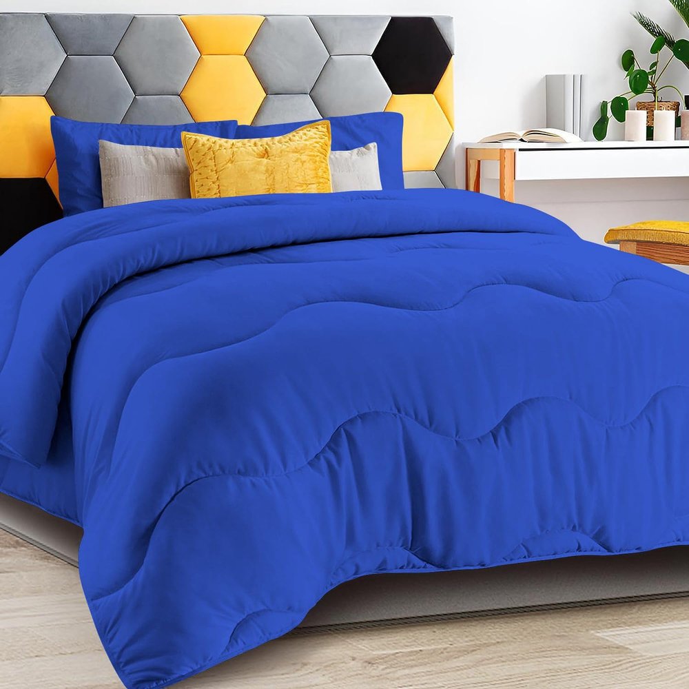 1 Piece Wavy Stitching Comforter Royal Blue, Soft Breathable All Season Super King Size, Duvet Insert, Lightweight Winter Warm Microfiber Down Alternative Quilt with Corner Tabs - 98x116 inch