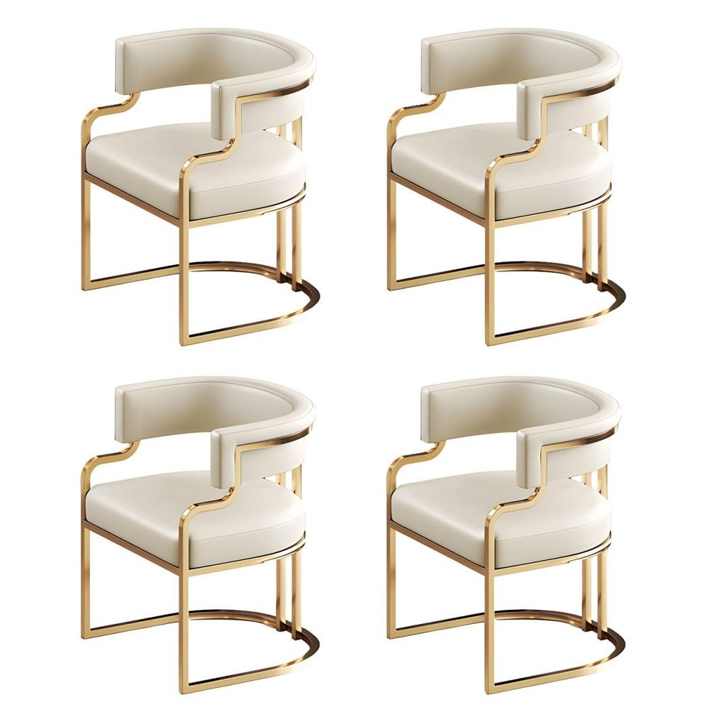 CraftThink Indoor Kitchen Dining Chairs, Upholstered Home Side Chair Low-Back Arm Chair Dining Chair with Faux Leather and Brass Legs for Milk Tea Shop Kitchen Dining Room (White, 4 Piece Set)