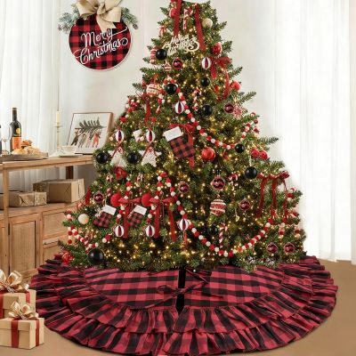 yuboo Buffalo Plaid Tree Skirt, Large Red and Black Checkered Christmas Tree Mat Rug 48 inches with Ruffle Border, Rustic Farmhouse Tree Decor