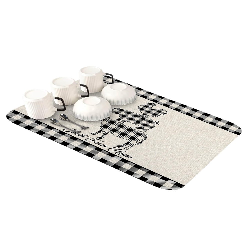 Dish Drying Stone Mat for Kitchen Counter, Absorbent Dish Mat Farm Animal Buffalo Plaid Cow Pig Chicken Microfiber Non-Slip Coffee Mat Diatomaceous Earth Mat for Coffee Bar, 12 Inch x 16 Inch