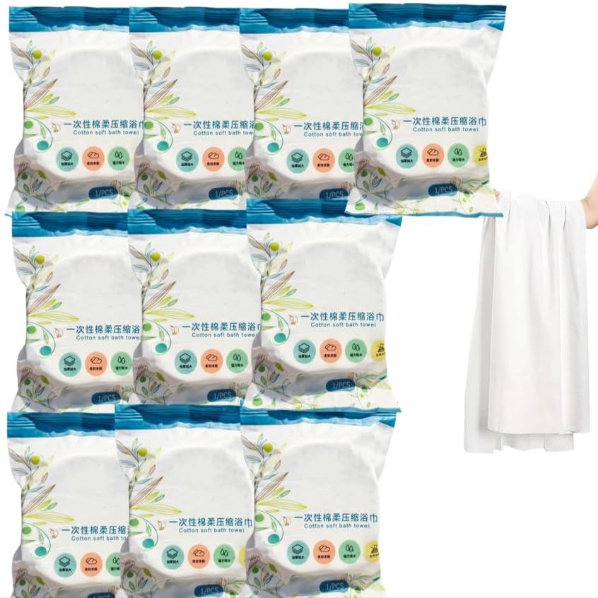 10pcs Disposable Compressed Cotton Bath Towel, Disposable Bath Towels for Travel, Large Compressed Towels, Portable Travel Pure Cotton Disposable White Soft Bath Towels (M+L-10pcs)