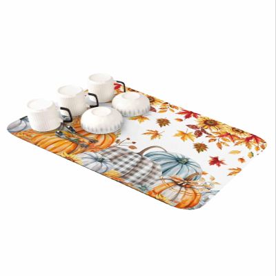 Thanksgiving Dish Drying Stone Mat for Kitchen Counter, Absorbent Dish Mat Fall Pumpkin Maple Leaves Microfiber Non-Slip Coffee Mat Diatomaceous Earth Mat for Coffee Bar, 16 Inch x 24 Inch