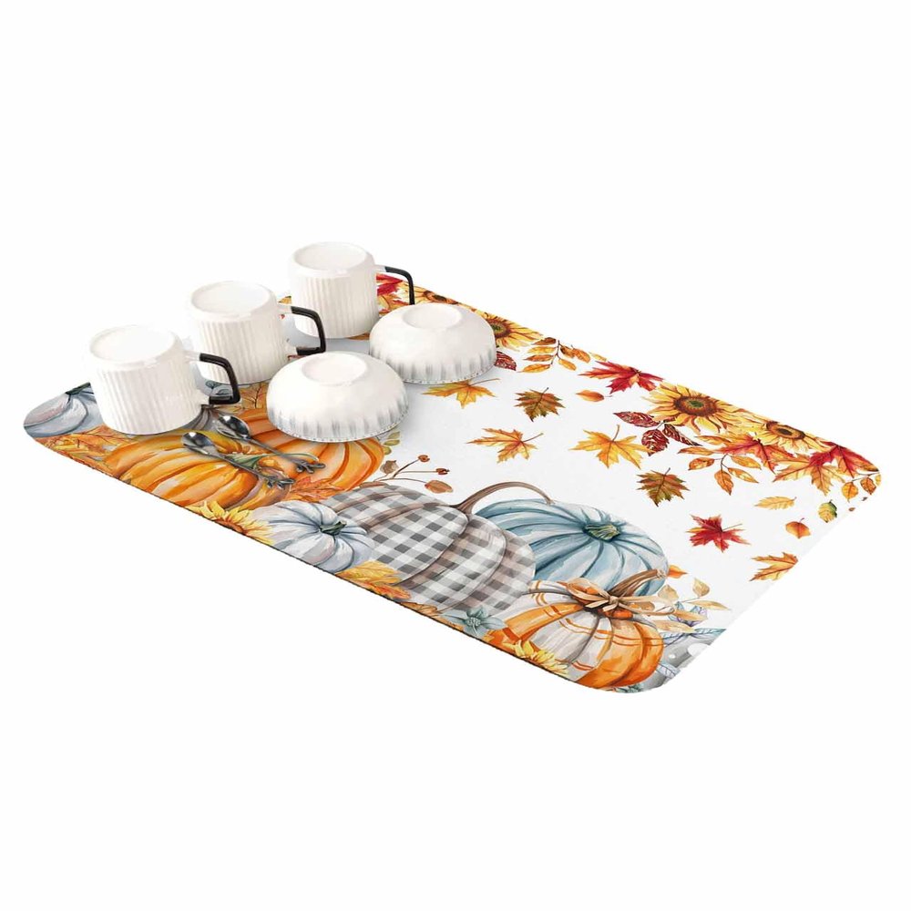 Thanksgiving Dish Drying Stone Mat for Kitchen Counter, Absorbent Dish Mat Fall Pumpkin Maple Leaves Microfiber Non-Slip Coffee Mat Diatomaceous Earth Mat for Coffee Bar, 16 Inch x 24 Inch