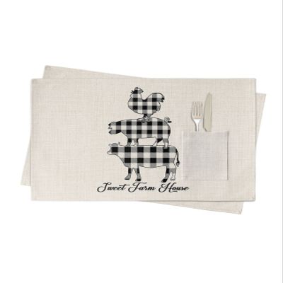 Farm Animals Placemats Set of 2, Woven Placemat Washable Wipeable Table Placemat with Pocket, Holiday Cloth Table Mat for Party Kichen Dinner Farmhouse Pig Rooster Cow Black Plaid