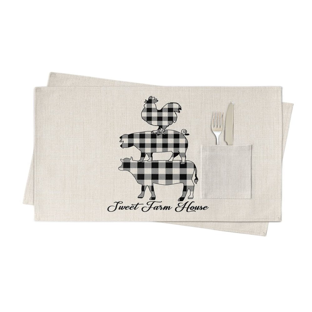 Farm Animals Placemats Set of 2, Woven Placemat Washable Wipeable Table Placemat with Pocket, Holiday Cloth Table Mat for Party Kichen Dinner Farmhouse Pig Rooster Cow Black Plaid