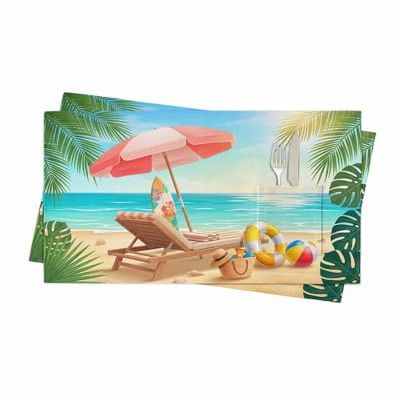 Summer Beach Placemats Set of 2, Woven Placemat Washable Wipeable Table Placemat with Pocket, Holiday Cloth Table Mat for Party Kichen Dinner Ocean Coastal Blue Sky Tropical Leaves