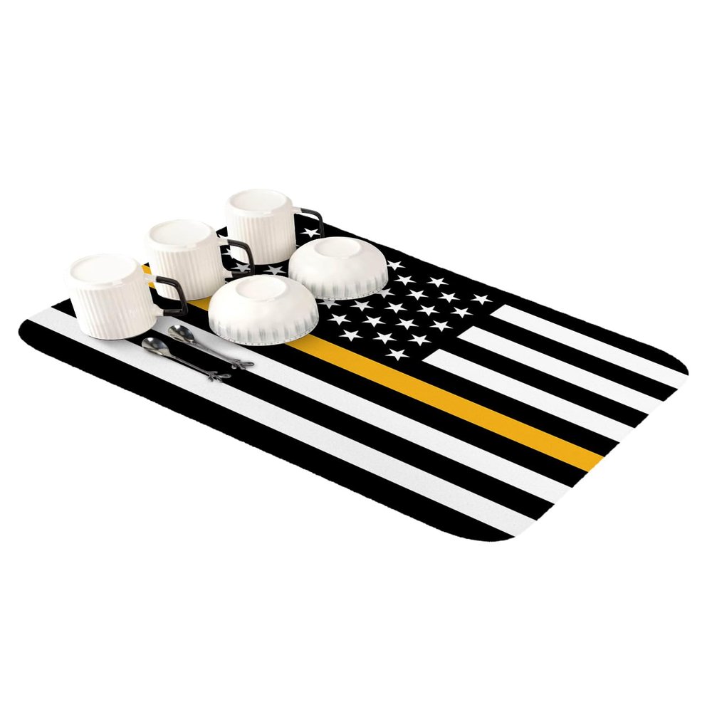 Dish Drying Stone Mat for Kitchen Counter, Absorbent Dish Mat Thin Gold Line Dispatchers Dispatch Communica Officer American Flag Microfiber Non-Slip Coffee Diatomaceous Earth Mat, 16 Inch x 24 Inch
