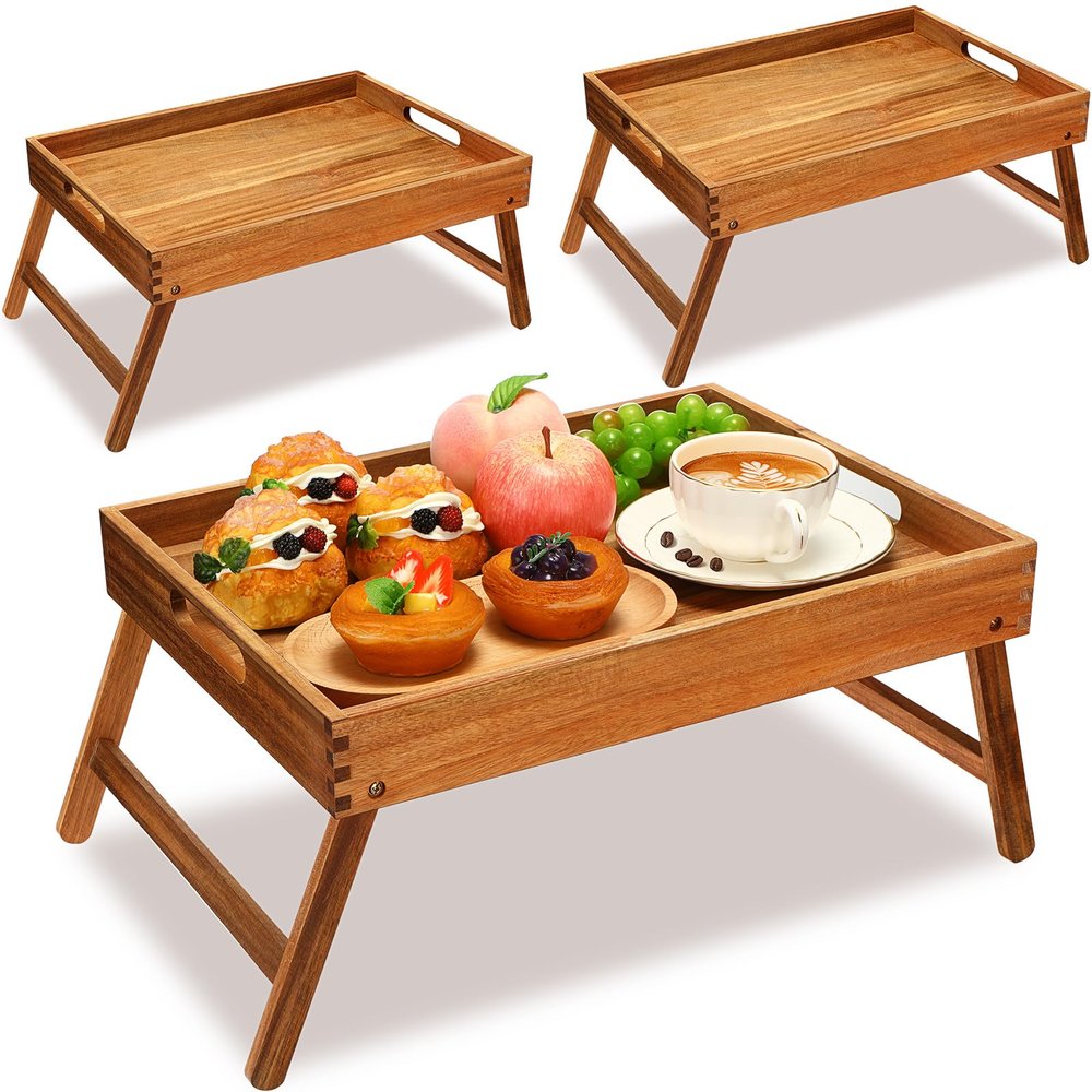 Tatuo 3 Pcs Acacia Bed Table Tray 11.5" Height Laptop Wooden Breakfast Tray Serving Floor Desk with Folding Legs and Handles TV Trays for Eating on Couch Sitting on The Floor for Bedroom Kids