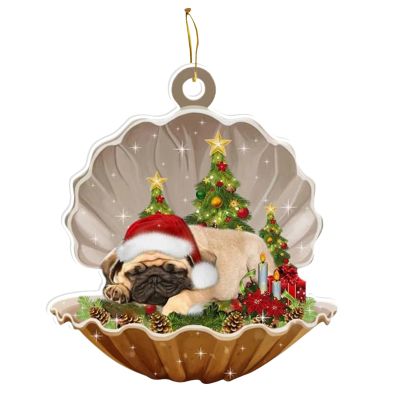 Acrylic Christmas Shell Sleeping Dog Ornament Lovely Pug Sleeping in Pearl Decorative Hanging Ornaments for Christmas Trees, Keychain, Festival Decorations(B)