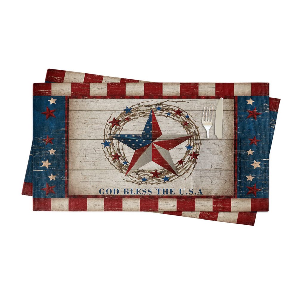 4th of July Placemats Set of 2, Woven Placemat Washable Wipeable Table Placemat with Pocket, Holiday Cloth Table Mat for Party Kichen Dinner Independence Day Retro Star Red Stripes