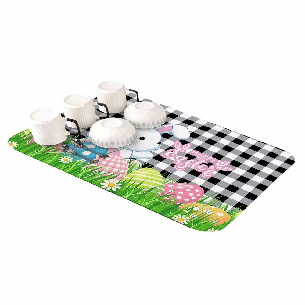 Dish Drying Stone Mat for Kitchen Counter, Absorbent Dish Mat Easter Rabbit Eggs Spring Flower Black Buffalo Plaid Microfiber Non-Slip Coffee Mat Diatomaceous Earth Mat for Bar, 16 Inch x 18 Inch