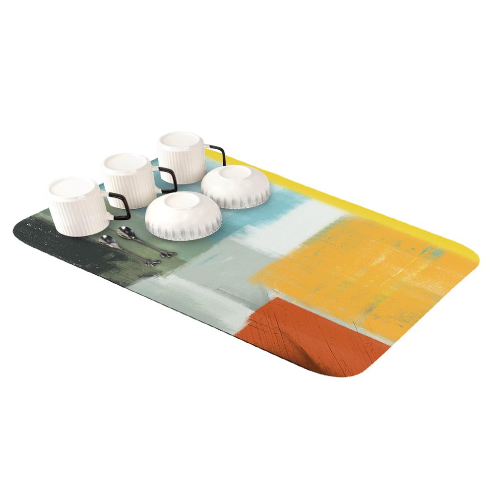 Dish Drying Stone Mat for Kitchen Counter, Absorbent Dish Mat Abstract Painting Art Style Orange Blue Yellow Grey Red Microfiber Non-Slip Coffee Mat Diatomaceous Earth Mat for Bar, 12 Inch x 16 Inch