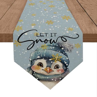 Christmas Cotton and Linen Triangle Table Runners 72 Inches Long, Dresser Scarves Table Decoration for Wedding Party/Graduation Ceremony/Banquet 13x72 Penguins Snowflakes Watercolors Dusty Blue