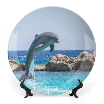 10" Decorative Porcelain Plate Ocean Dolphin Jumping Ceramic Ornament Art Home Decor Modern Wall Hanging Plate with Display Stand Collectible Round Plate Holiday Party Favor