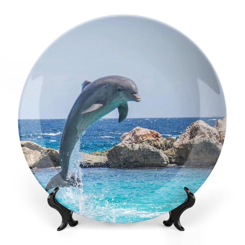 10" Decorative Porcelain Plate Ocean Dolphin Jumping Ceramic Ornament Art Home Decor Modern Wall Hanging Plate with Display Stand Collectible Round Plate Holiday Party Favor