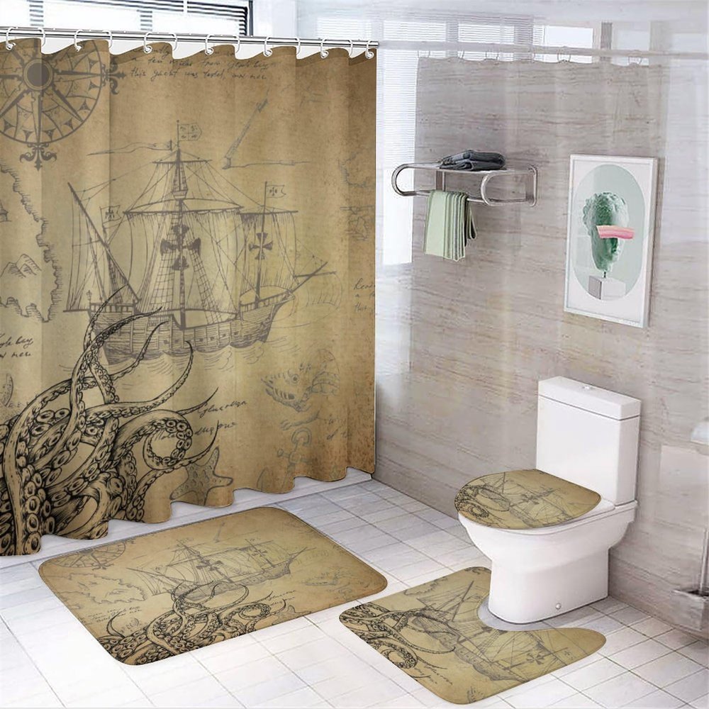 Rustic Nautical Octopus 4 Pcs Waterproof Shower Curtain Set,Vintage Farmhouse Wooden Pirate Ship Anchor Octopus with Waterproof Toilet Cover Shower Mat Rugs