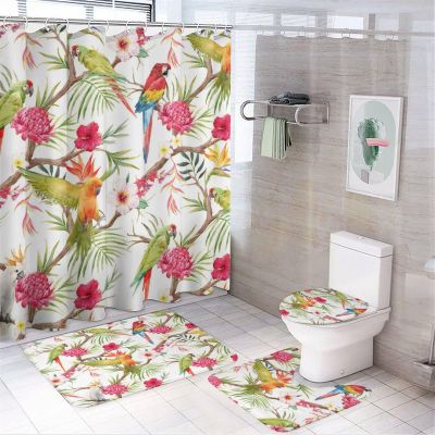 Brebasf Watercolour Parrot 4 Pcs Waterproof Shower Curtain Set Vintage Tropical Forest Parrot Floral Tree with Waterproof Toilet Cover Shower Mat Rugs,72" W x 72" L