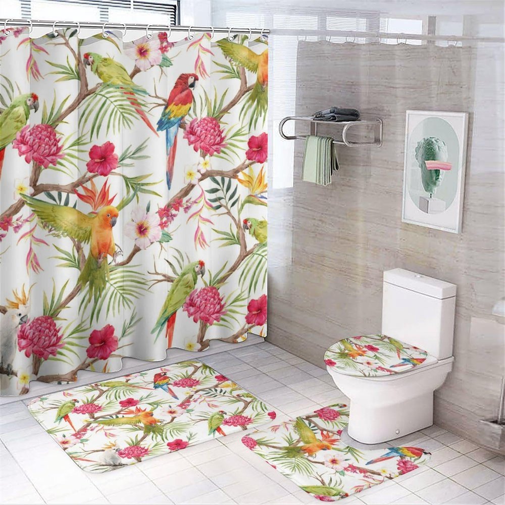 Brebasf Watercolour Parrot 4 Pcs Waterproof Shower Curtain Set Vintage Tropical Forest Parrot Floral Tree with Waterproof Toilet Cover Shower Mat Rugs,72" W x 72" L