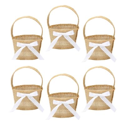 6pcs Mini Woven Basket Fruits Burlap Flower Girl Basket Burlap Basket Rustic Flower Girl Basket Hanging Container Easter Treat Biscuit Bags Tiny Baskets Linen Snack Bride
