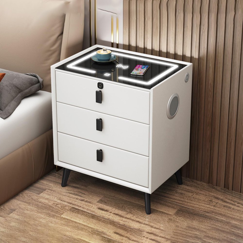 WZDHYYWS Smart Nightstand with Wireless Charging Station, Smart Side Table with Fingerprint Lock and Speaker, Modern Nightstand, Bedroom Side Table, Living Room, Sofa Table.,White,3 Floors