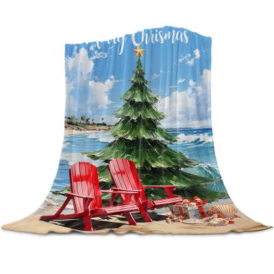LEOKOTI Coastal Christmas Throw Blanket Flannel Fleece, Soft Plush Cozy Baby Blankets, Xmas Tree Nautical Beach Shell Blankets Throws Warn Fuzzy Blanket for Couch/Sofa/Chair/Travel 50"x80"