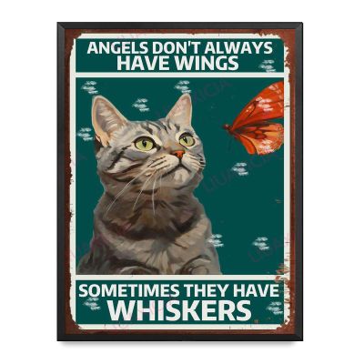 Vintage Tin Sign Angels Don T Always Have Wings Sometimes They Have Whiskers For Home Kitchen Outdoor Decor 12.00"x16.00" with Metal Frame