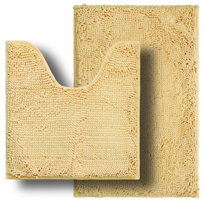 Bathroom Rugs Sets 2 Piece, Ultra Soft Absorbent Bath mat Chenille Bathroom Rug, Antiskid Bath mats Washable Bathroom mat (20x32 inch + 20x20inch U-Shaped) Beige