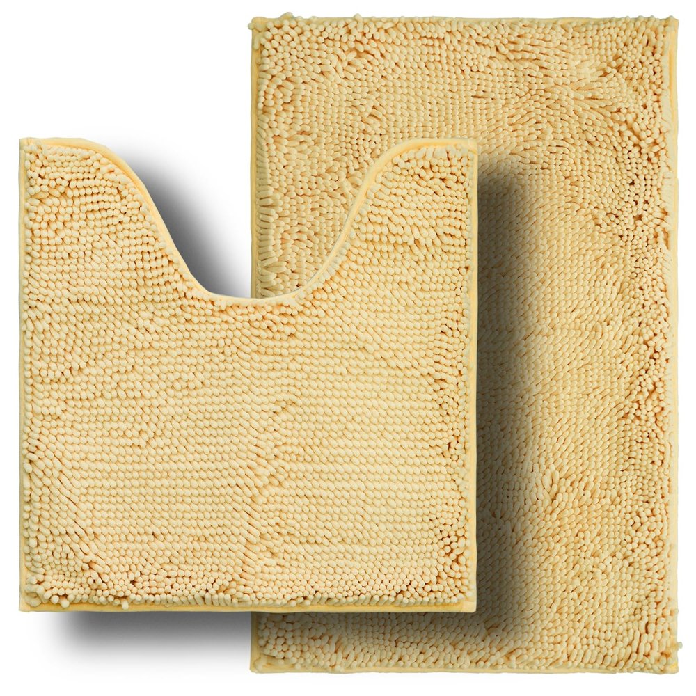 Bathroom Rugs Sets 2 Piece, Ultra Soft Absorbent Bath mat Chenille Bathroom Rug, Antiskid Bath mats Washable Bathroom mat (20x32 inch + 20x20inch U-Shaped) Beige