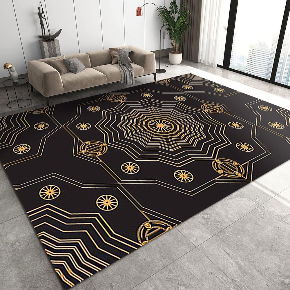 ELLECO Star Line Zigzag Art Area Rugs, Golden Greek Cultural Symbols Indoor Non-Slip Kids Rug, Upholstery Rug with Non-Slip Backing for Kids Boys Girls Bedroom Living Room Dining Room Study 6ftx8ft