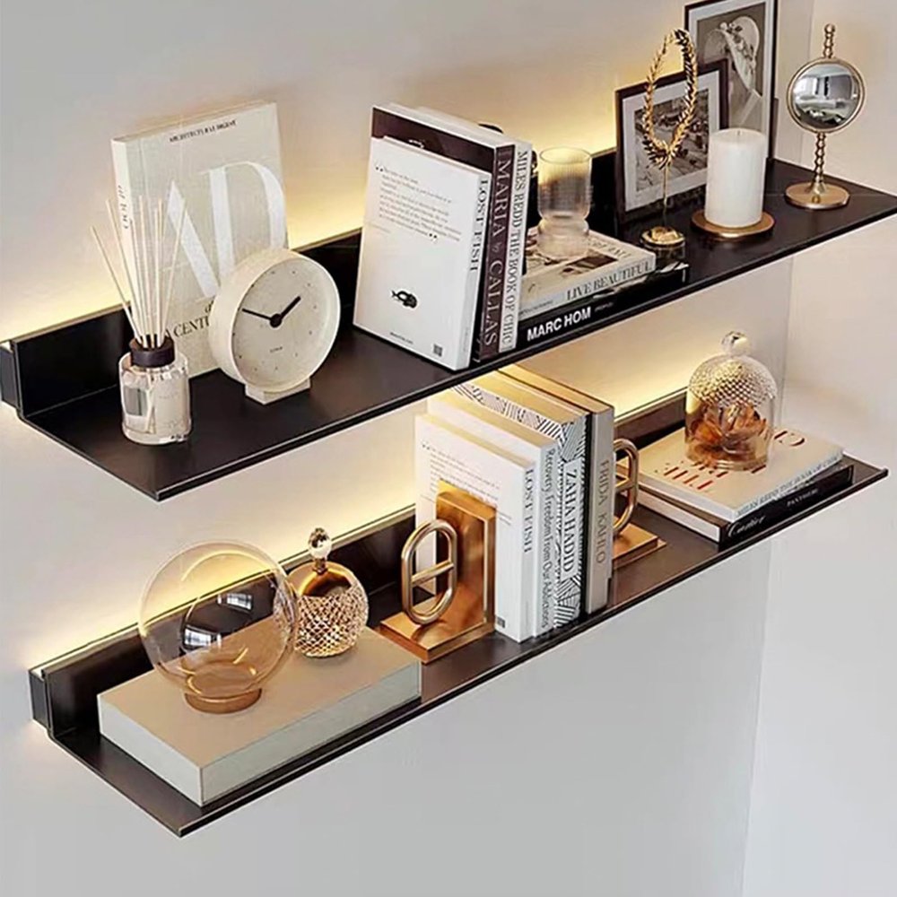 EMYJAY Floating Display Shelf, Floating Shelves Wall Mounted Floating Display Shelf LED Lighting Light is Soft Neatly Arranged to The Wall (Color : Black, Size : 60x20x6cm)