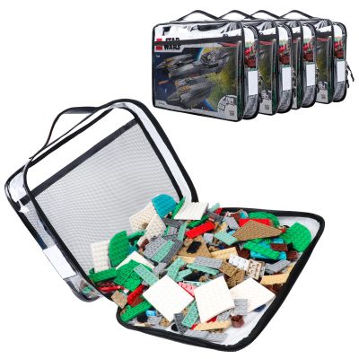 Tesuko 4 Pack Toy Storage Organizer Bag for Lego Bricks, Clear PVC Zippered Block Set with Manual Pocket& Name Tag, Waterproof Toy Carrying Case for Board Game, Building Blocks& Puzzles (Large, Black)