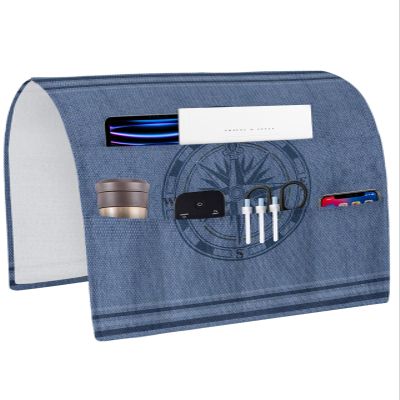 Sofa Armrest Organizer Bedside Caddy, Nautical Compass Non Slip Couch Remote Control Holder for Recliner, Navy Blue Striped Coastal Compass Arm Chair Caddy with Pocket for Magazine, Phone, 19.7"x35"