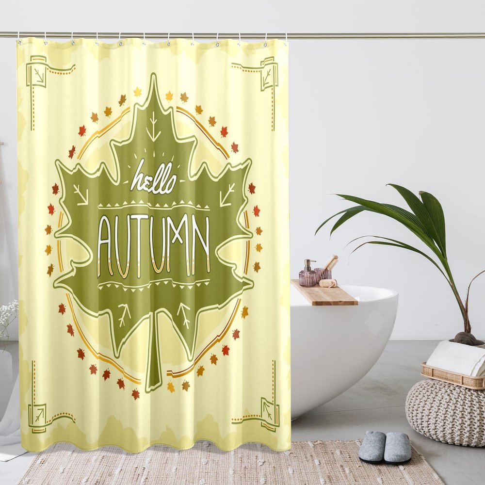 GDHBLING Hello Autumn Shower Curtain Rustic Fall Leaves Maple Plants Shower Curtain for Walk in Shower Washable Bathroom Decor Cloth Fabric Weighted,Green Mustard Yellow,72x72 Inch