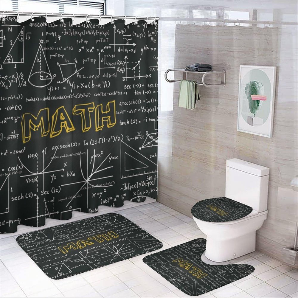 FBMLBRB Brebasf Math Chalkboard Print 4 Pcs Shower Curtain Bathroom Set Black&White Geometry Mathematics Physics Theme Shower Mat Shower Curtain with Rug 12 Hooks,72" W x 72" L