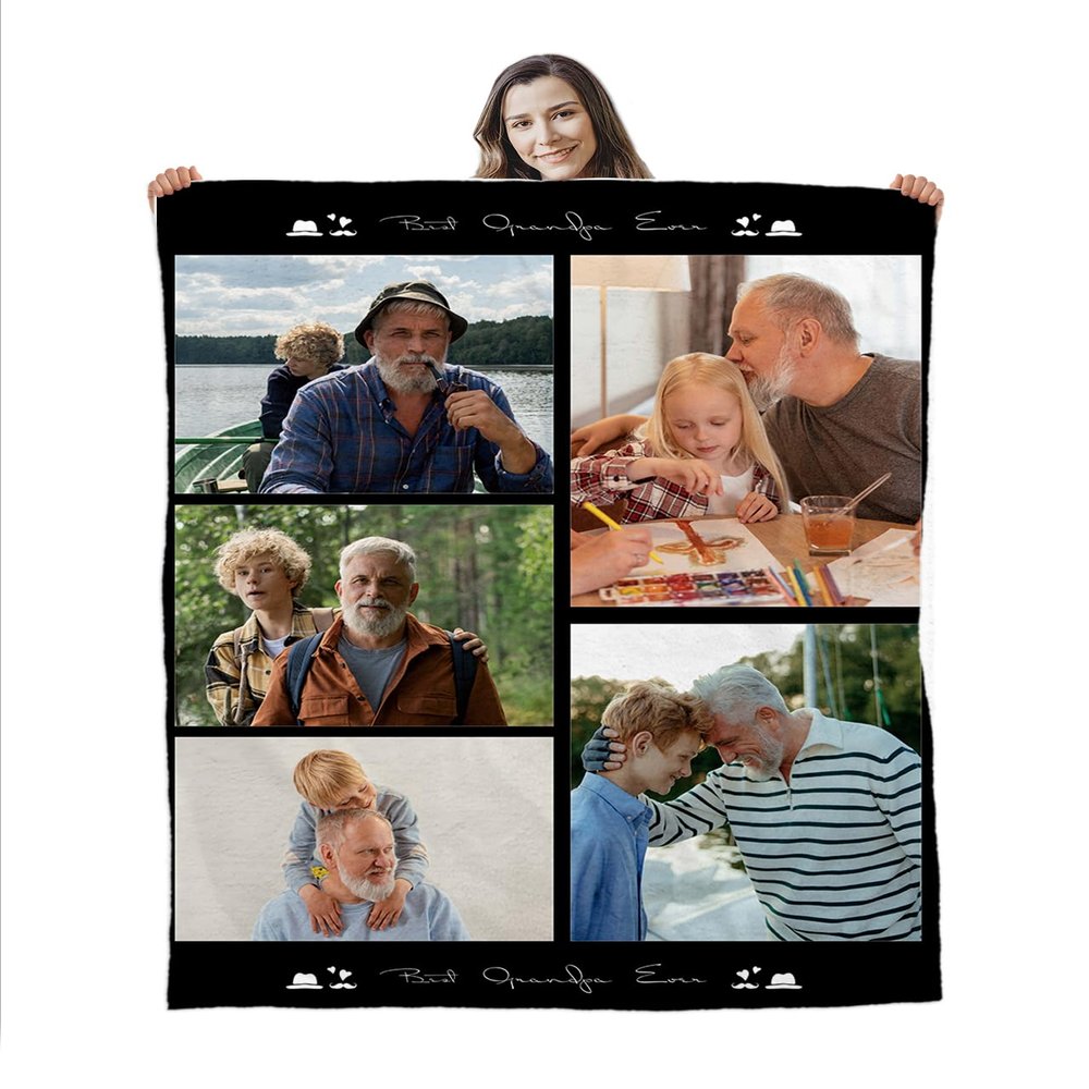 Custom Blanket with Picture, Best Grandpa Ever Personalized Photo Blanket for Grandpa From Son Daughter Grandchildren, Customized Throw Blankets Personalized Gifts for Birthday Thanksgiving Christmas