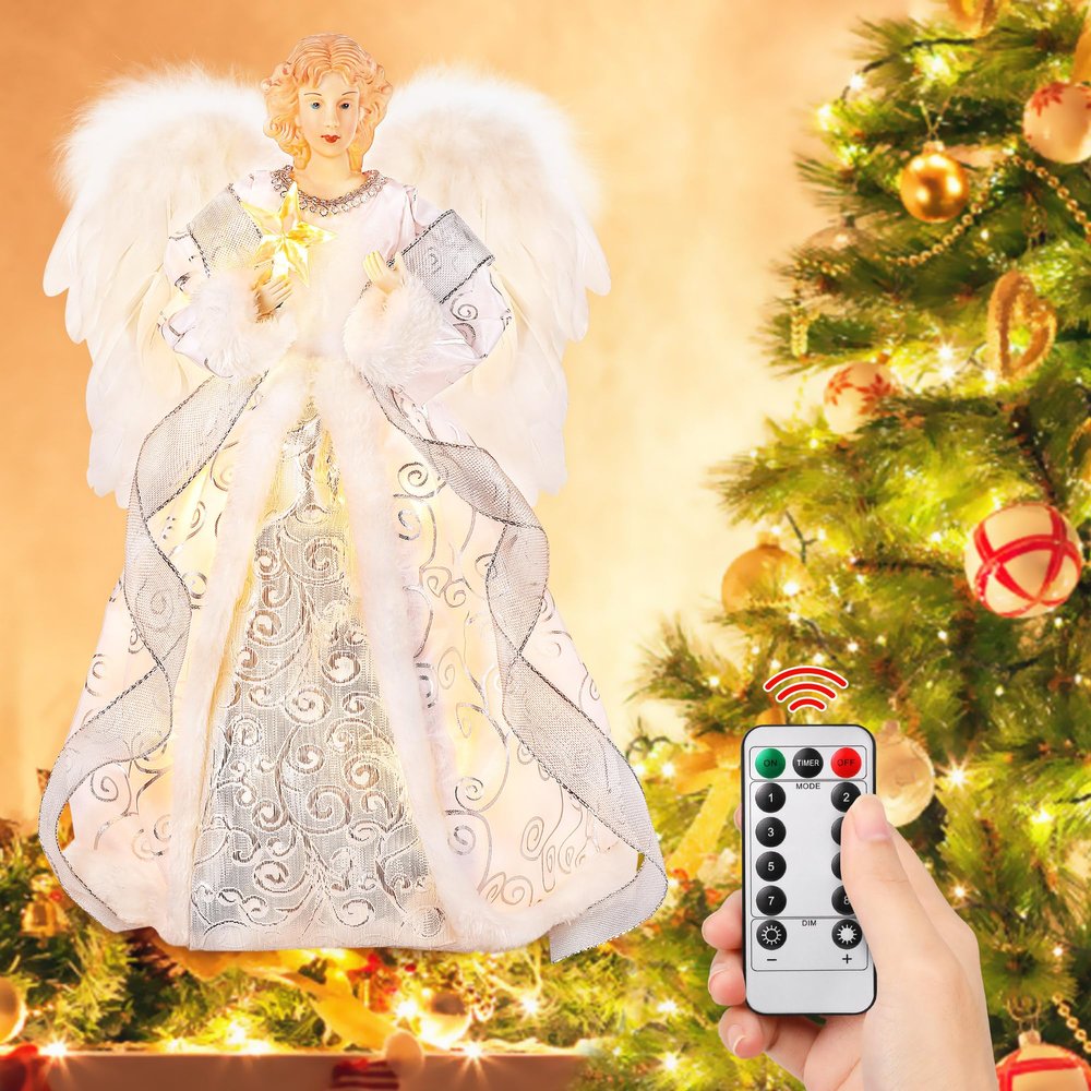 PEEKI Christmas Tree Topper, 15" Angel Treetop with Lights and Remote Control Timer, Christmas Tree Decoration for Holiday Ornament and Home Decor, Silver